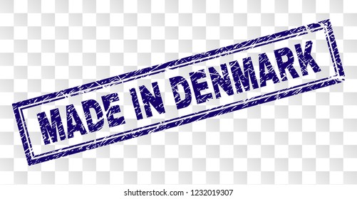 MADE IN DENMARK stamp seal print with rubber print style and double framed rectangle shape. Stamp is placed on a transparent background.