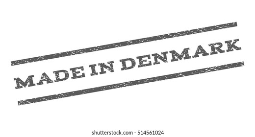Made In Denmark watermark stamp. Text tag between parallel lines with grunge design style. Rubber seal stamp with dust texture. Vector grey color ink imprint on a white background.