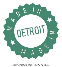 Made in Detroit, Michigan. Green stamp on white background with Made in Detroit. A vibrant homage to Detroit's craftsmanship.