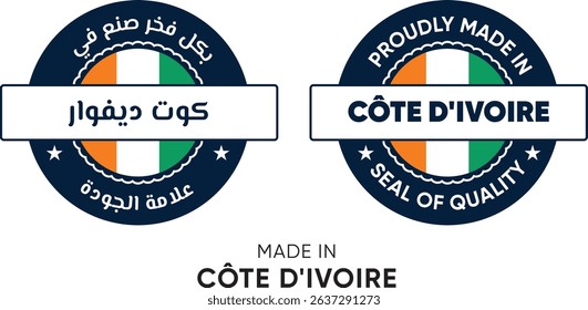 Made in Côte d'Ivoire. Premium labels English and Arabic, stickers, pointer, badge and symbol of Côte d'Ivoire flag icon. Collection vector illustration