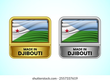 Made in Djibouti label icon in gold and silver color. Flag icon set for business