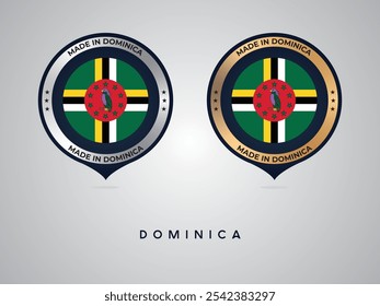 Hecho en Dominica. etiquetas, pegatinas, puntero, insignia y símbolo del icono de la bandera de Dominica. Ilustración vectorial de la colección