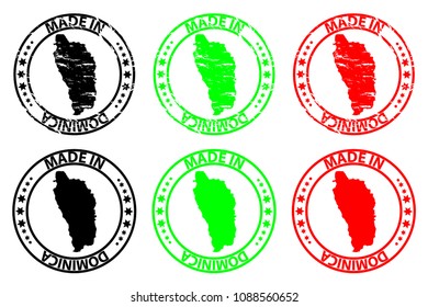 Made in Dominica - rubber stamp - vector, Dominica map pattern - black, green and red