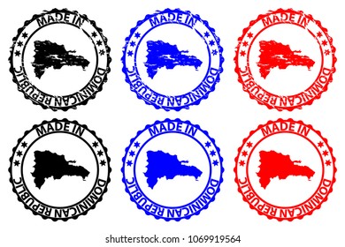 Made in Dominican Republic - rubber stamp - vector, Dominican Republic map pattern - black, blue and red