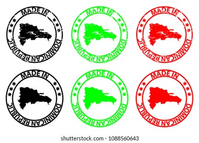 Made in Dominican Republic - rubber stamp - vector, Dominican Republic map pattern - black, green and red