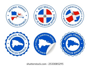 Made in Dominican Republic - set of labels, stamps, badges, with the Dominican Republic map and flag. Best quality. Original product. Vector illustration