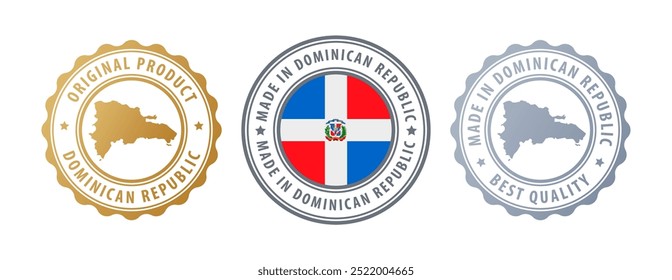 Made in Dominican Republic - set of stamps with map and flag. Best quality. Original product. Vector illustration