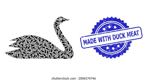 Made with Duck Meat unclean seal print and vector recursion collage goose. Blue stamp seal has Made with Duck Meat tag inside rosette. Vector collage is created from recursive rotated goose items.