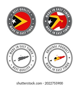 Made in Osttimor - Set von Etiketten, Briefmarken, Abzeichen, mit der Osttimor-Karte und Flagge. Beste Qualität. Originalprodukt. Vektorgrafik