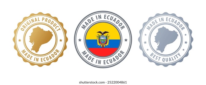 Hecho en Ecuador - conjunto de sellos con mapa y bandera. La mejor calidad. Producto original. Ilustración vectorial