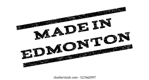 Made In Edmonton watermark stamp. Text caption between parallel lines with grunge design style. Rubber seal stamp with scratched texture. Vector black color ink imprint on a white background.