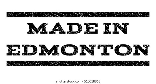 Made In Edmonton watermark stamp. Text caption between horizontal parallel lines with grunge design style. Rubber seal stamp with unclean texture. Vector black color ink imprint on a white background.