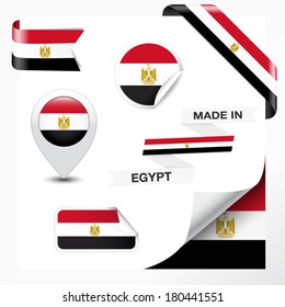 Made in Egypt collection of ribbon, label, stickers, pointer, badge, icon and page curl with Egyptian flag symbol on design element. Vector EPS 10 illustration isolated on white background.