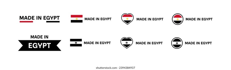 Iconos hechos en la bandera de Egipto. Distintos estilos, hecho en Egipto bandera en cuadrado, corazón, iconos de círculo. Iconos del vector