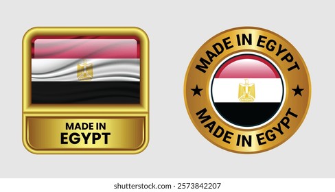 Made in Egypt label icon set in gold color, featuring both rectangular and circular designs. Includes the egypt flag icon, ideal for business and product branding