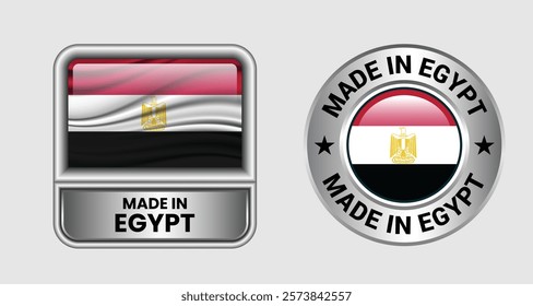 Made in Egypt label icon set in silver color, featuring both rectangular and circular designs. Includes the egypt flag icon, ideal for business and product branding.