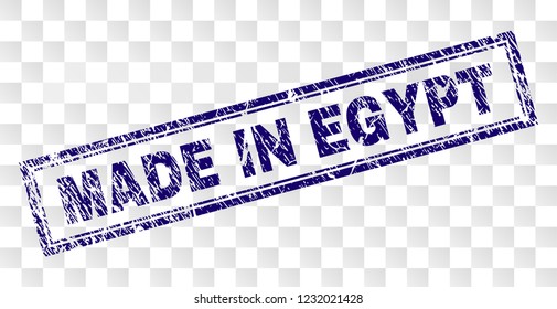 MADE IN EGYPT stamp seal print with scratched style and double framed rectangle shape. Stamp is placed on a transparent background.