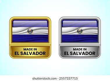 Made in El Salvador label icon in gold and silver color. Flag icon set for business