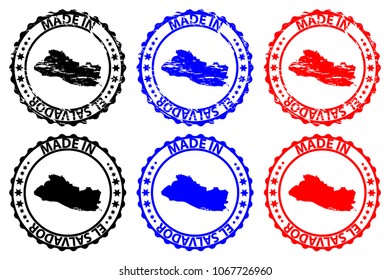 Made in El Salvador - rubber stamp - vector, El Salvador map pattern - black, blue and red