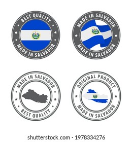 Made in El Salvador - set of labels, stamps, badges, with the El Salvador map and flag. Best quality. Original product. Vector illustration