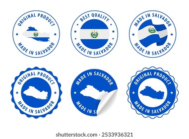 Hecho en El Salvador - conjunto de etiquetas, sellos, insignias, con el mapa de El Salvador y la bandera. La mejor calidad. Producto original. Ilustración vectorial