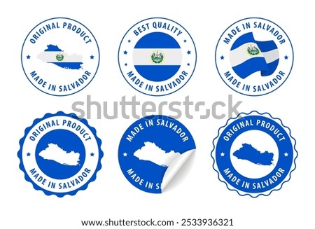 Made in El Salvador - set of labels, stamps, badges, with the El Salvador map and flag. Best quality. Original product. Vector illustration