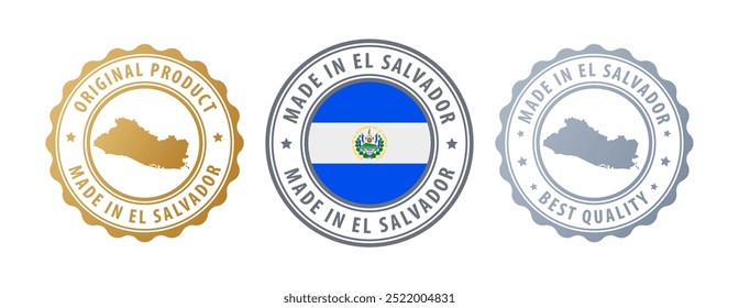 Made in El Salvador - set of stamps with map and flag. Best quality. Original product. Vector illustration