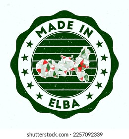 Made In Elba. island round stamp. Seal of Elba with border shape. Vintage badge with circular text and stars. Vector illustration.