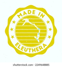 Made In Eleuthera. Island round stamp. Seal of Eleuthera with border shape. Vintage badge with circular text and stars. Vector illustration.