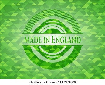 Made in England realistic green emblem. Mosaic background