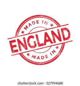 Made in England red vector graphic. Round rubber stamp isolated on white background. With vintage texture.