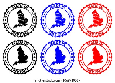 Made in England - rubber stamp - vector, England map pattern - black, blue and red