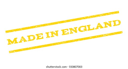 Made In England watermark stamp. Text caption between parallel lines with grunge design style. Rubber seal stamp with dust texture. Vector yellow color ink imprint on a white background.