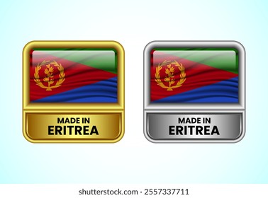 Made in Eritrea label icon in gold and silver color. Flag icon set for business
