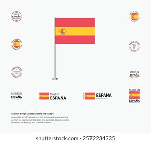 Made in Espana Stamps, Flag, Tags, labels, Seals, Icons. Creative Designs for Branding and Packaging