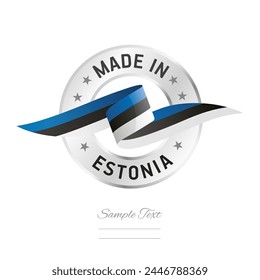Made in Estonia. Estonia flag ribbon with circle silver ring seal stamp icon. Estonia sign label vector isolated on white background