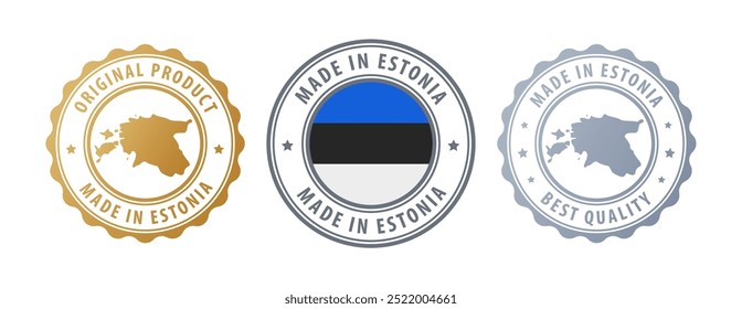 Hecho en Estonia - conjunto de sellos con mapa y bandera. La mejor calidad. Producto original. Ilustración vectorial