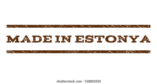 Made In Estonya watermark stamp. Text caption between horizontal parallel lines with grunge design style. Rubber seal stamp with scratched texture.