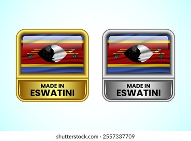 Made in Eswatini label icon in gold and silver color. Flag icon set for business