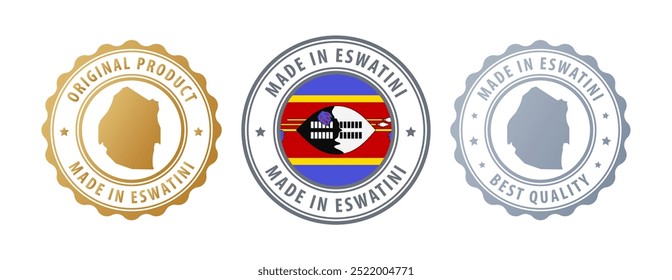 Made in Eswatini - set of stamps with map and flag. Best quality. Original product. Vector illustration