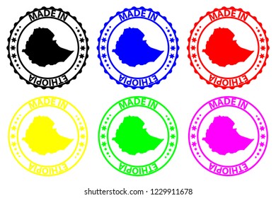 Made in Ethiopia - rubber stamp - vector, Ethiopia map pattern - black, blue, green, yellow, purple and red