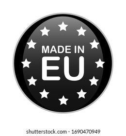HECHO EN LA UE placa redonda negra con texto blanco y estrellas. Ilustración vectorial del producto europeo aislada en fondo blanco.