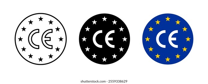 Made in EU CE mark product label. CE icon. European Union import symbol. EU quality certificate vector illustration. European Compliance emblem. Cardboard box CE sticker with stars rounded concept.