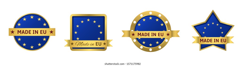 Made in EU. Made in Europe badge set, blue signs with golden ribbons