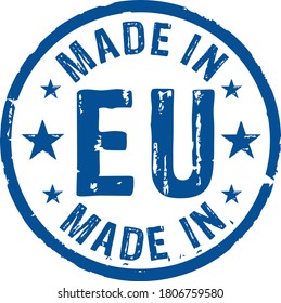 Made in EU, Europa, Europäische Union, grunge Stempel Vektorsymbol. Konzept des Werkes, der Produktion und des Produktionslandes.