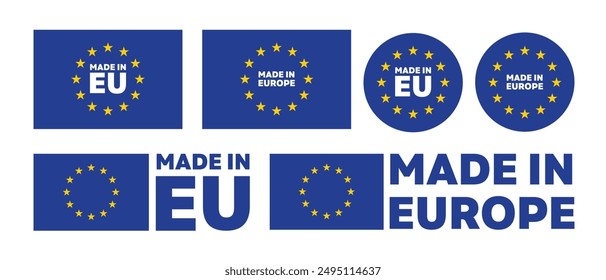 Conjunto de iconos de Vector Made in Eu o Made in Europe. Sello de producto hecho en la Unión Europea. 