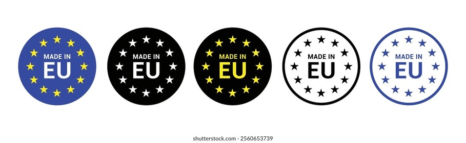 Made in EU. European union logo. Made in Europe seal logo. product of European union pictogram. EU flag icon with stars. Vector illustration.