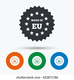 Made in EU icon. Export production symbol. Product created in European Union sign. Round circle buttons with icon. Vector