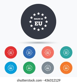 Made in EU icon. Export production symbol. Product created in European Union sign. Circle buttons with icons. Vector