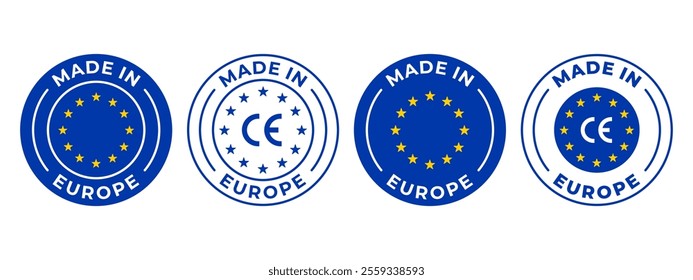 Made in EU label icon set. Made in Europe product emblem, sign, symbol, badge or seal. European Union quality standards tag, stamp an sticker. CE mark pictogram for product packaging. EU quality check